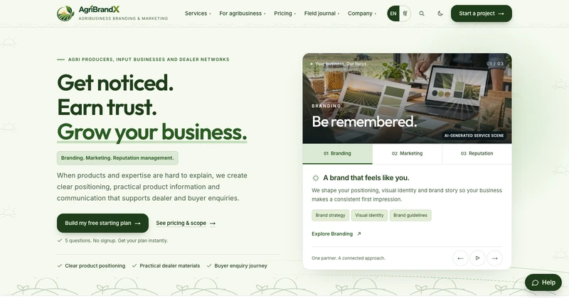 AgriBrandX homepage design for agriculture & agribusiness businesses