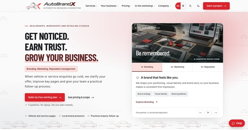AutoBrandX homepage design for automotive businesses