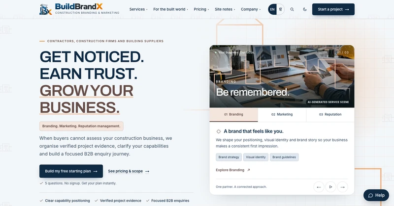 BuildBrandX homepage design for construction & built environment businesses