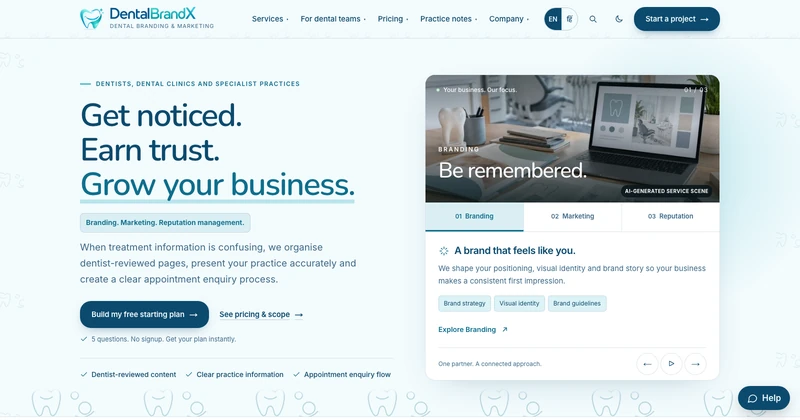 DentalBrandX homepage design for dental practices businesses