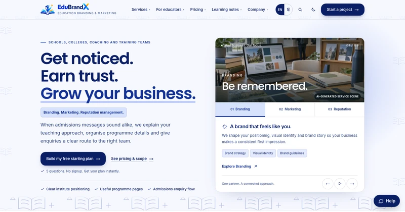 EduBrandX homepage design for education & training businesses