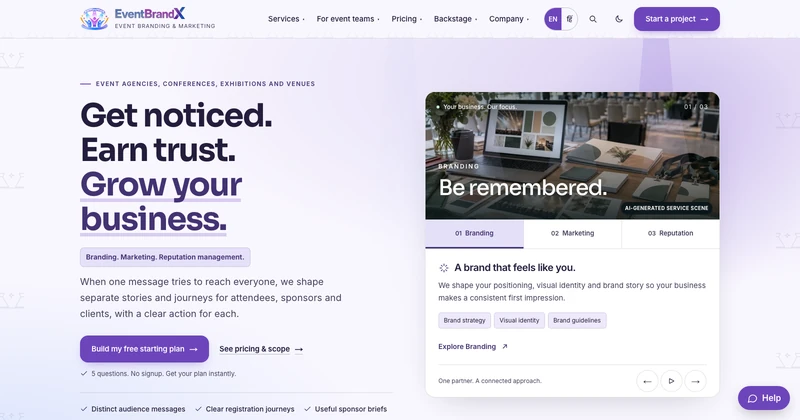 EventBrandX homepage design for events & experiences businesses