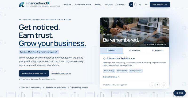 FinanceBrandX homepage design for financial services businesses