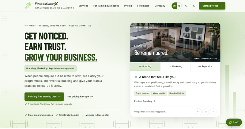 FitnessBrandX homepage design for fitness businesses