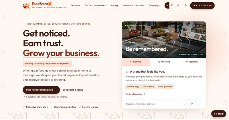 FoodBrandX homepage design for food & restaurants businesses