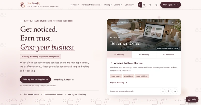 GlamBrandX homepage design for beauty & wellness businesses