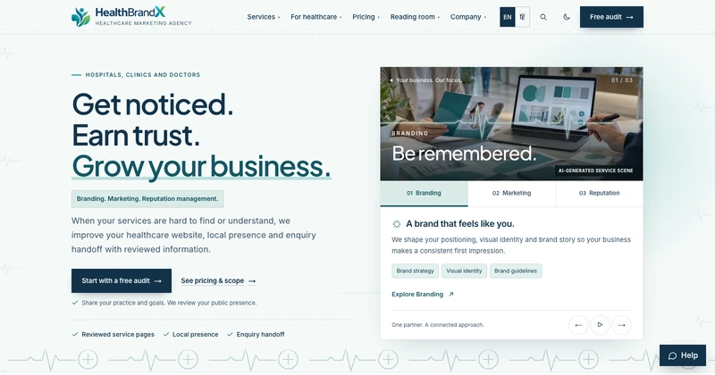 HealthBrandX homepage design for healthcare businesses