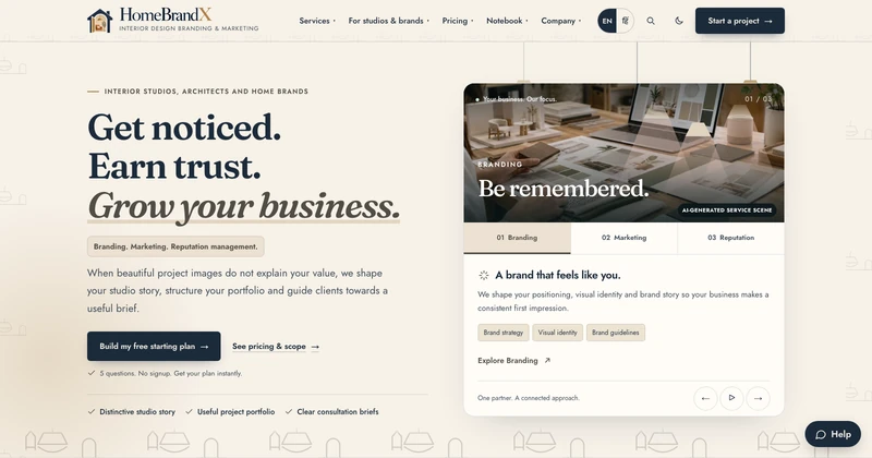 HomeBrandX homepage design for interiors & home businesses