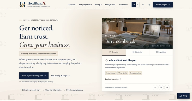 HotelBrandX homepage design for hospitality businesses