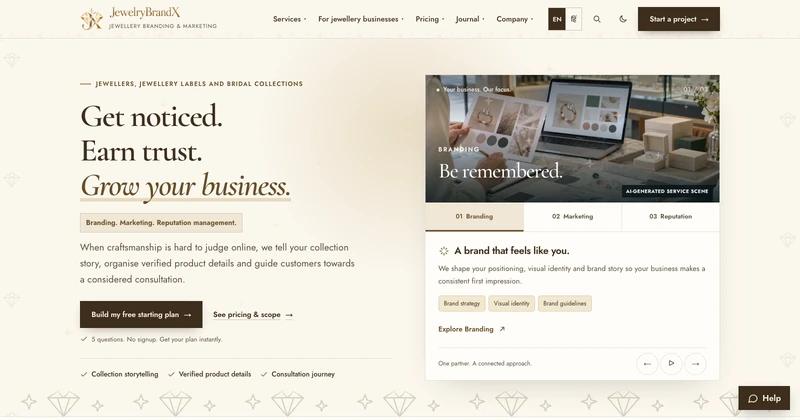 JewelryBrandX homepage design for jewellery businesses