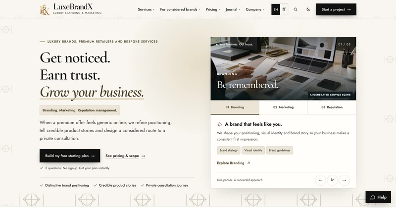 LuxeBrandX homepage design for luxury & premium brands businesses