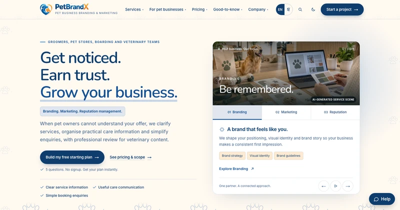 PetBrandX homepage design for pet businesses businesses