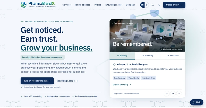 PharmaBrandX homepage design for pharma & medtech businesses