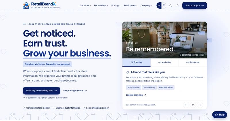 RetailBrandX homepage design for retail & commerce businesses