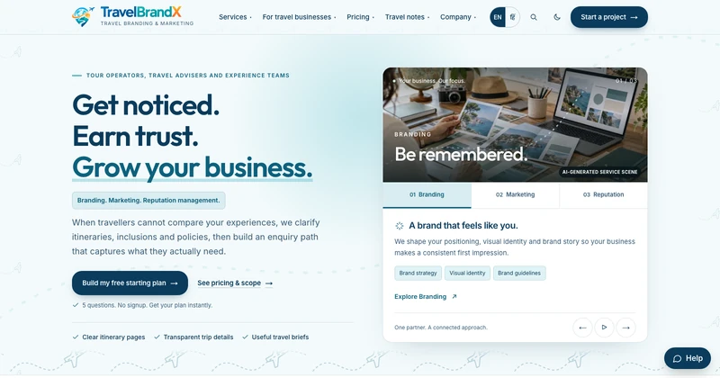 TravelBrandX homepage design for travel & experiences businesses