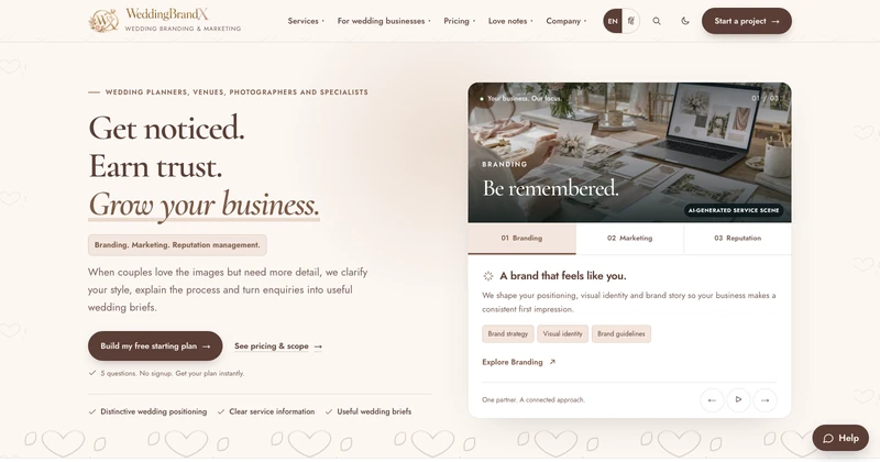 WeddingBrandX homepage design for weddings businesses