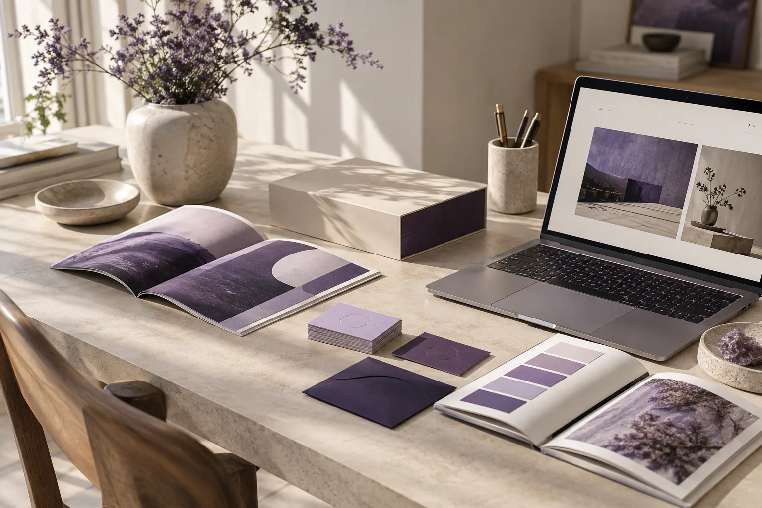 Illustrative brand stationery, packaging and website materials arranged for a design review.