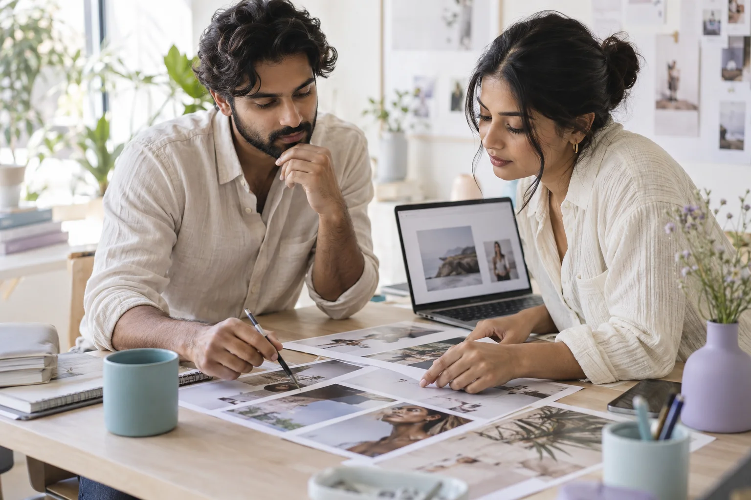 Illustrative creative collaborators reviewing campaign materials; not BrandlyUp staff.