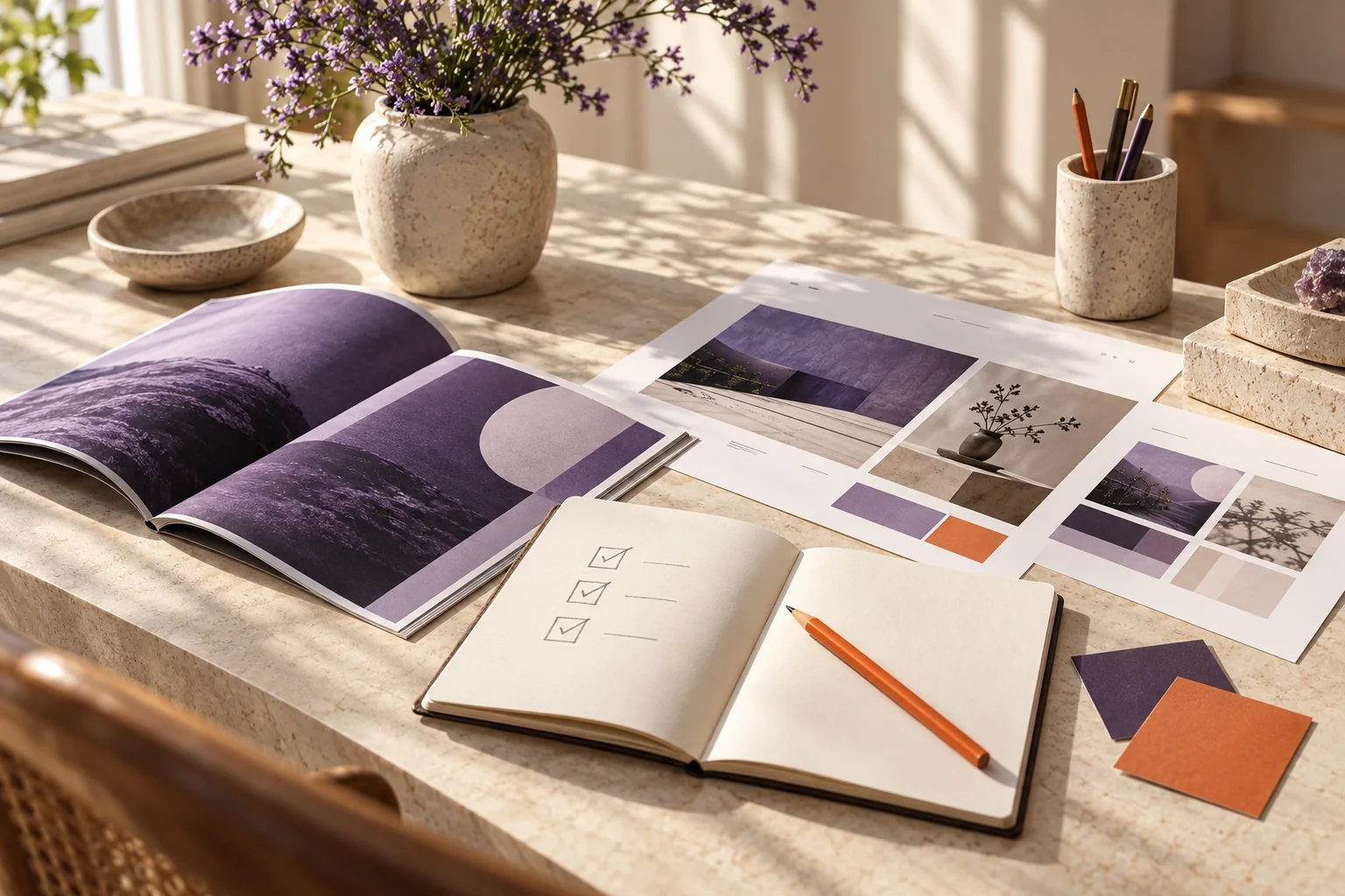 Illustrative brand review desk with a checklist, website pages and colour samples.
