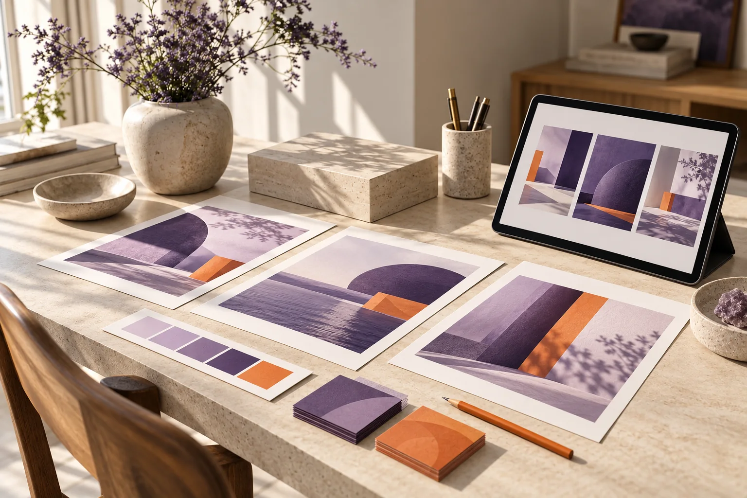 Illustrative campaign storyboards and coordinated creative on a tablet.