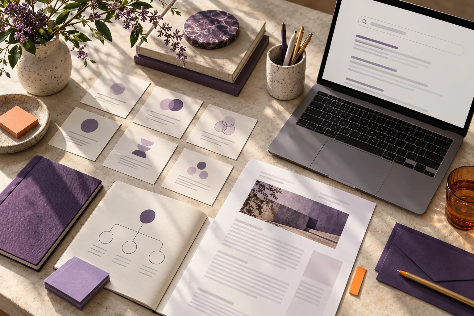 Illustrative content planning desk with topic cards, an article draft and a search interface.